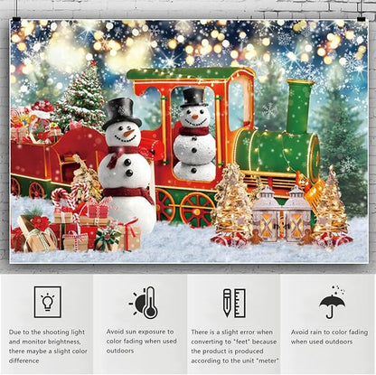 YongFoto Merry Christmas Backdrop 10x5ft Snow Scene Train Snowman Christmas Tree Gift Photography Background Happy New Year Xmas Eve Family Party Banner Room Decor Photoshoot Wallpaper Photo Booth