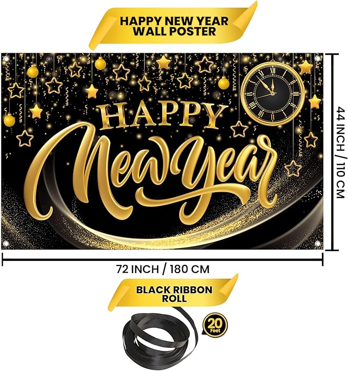 KatchOn, XtraLarge Happy New Year Banner - 72x44 Inch | Happy New Year Backdrop for New Years Decorations 2026 | NYE Eve Banner for NYE Decorations 2026 | New Years Eve Party Supplies 2026