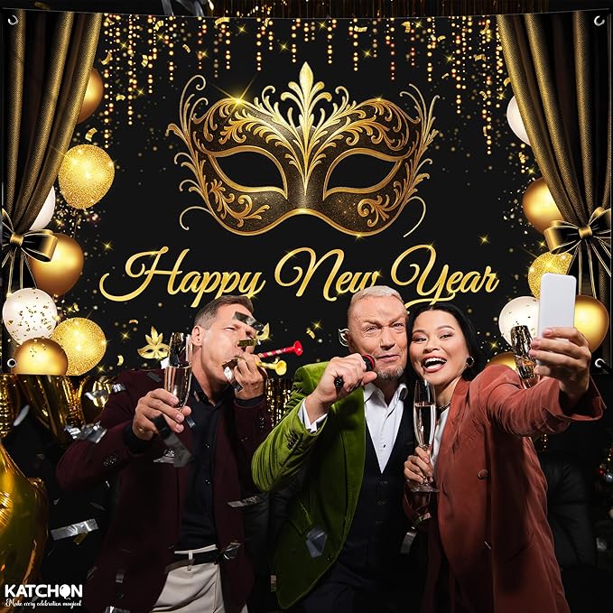 KatchOn, Happy New Year Banner 2026 - XtraLarge, 72x44 Inch | Happy New Year Backdrop with Mask for Happy New Years Decorations 2026 | NYE Backdrop for NYE Decorations 2026 | New Years Eve Party Supplies 2026