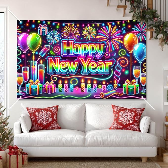 Happy New Year Backdrop 71x43 Inch Neon Style Party Banner Colorful Fireworks Balloons Candles Gift Box Design Large New Year Eve Photo Booth Background Wall Decor