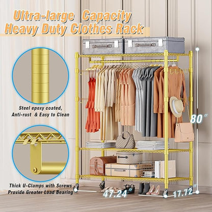 Homdox Rolling Garment Rack with Adjustable Wire Storage Racks, Heavy Duty Portable Closet for Hanging Clothes, Freestanding Closet Wardrobe Metal Clothing Rack, Gold