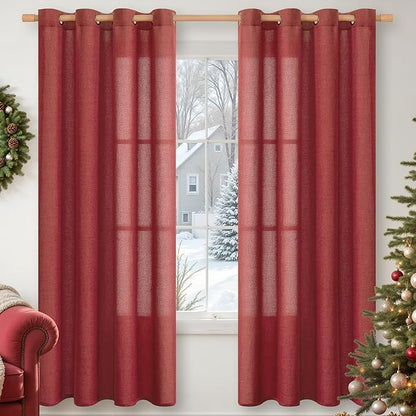 YoungsTex Red Linen Curtains 72 Inch Length for Living Room, Light Filtering Window Drapes with Bronze Grommet Privacy Christmas Decor for Dining Bedroom, 52 x 72 Inch, 2 Panels