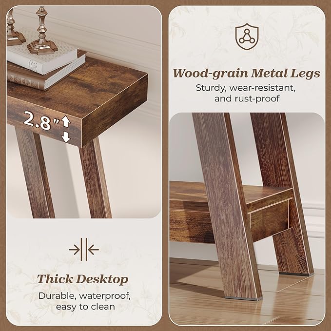 Huuger Console Table with Charging Station, USB-C Port, 2 Tiers Entryway Table, 47.2 Inch Sofa Table with Metal Legs, Entry Hallway Table with Thicker Desktop, Behind Couch Table, Rustic Brown