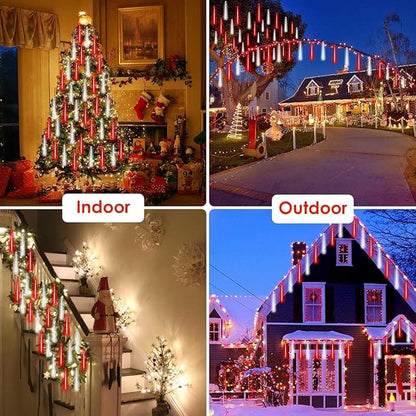 Solar Meteor Shower Lights Outdoor Decorations, Waterproof Christmas Lights Solar Powered, 16 Tubes 384LED Icicle String Light, Snow Cascading Raindrop Light for Tree Party Garden Decor(Red and White)