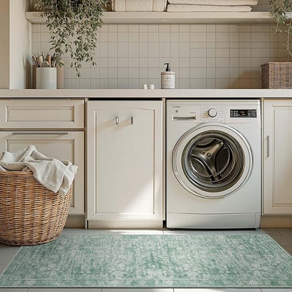 jinchan Runner Rug 2x5 Green Kitchen Rugs Hallway Runner - Machine Washable Vintage Floral Non-Slip,Low Pile Soft Ultra-Thin Distressed Carpet for Entryway Farmhouse Bedroom Laundry Room (2’x5’,Green)