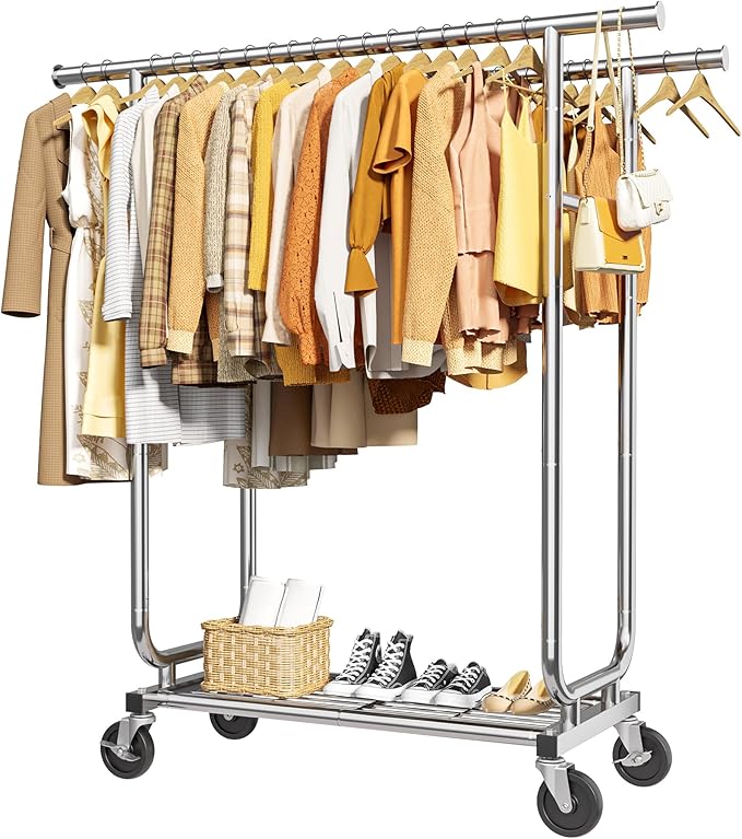 Stainless Steel Rolling Clothes Rack with Mesh Shelf, Lockable Wheels & Anti-Slip Stoppers, Freestanding Clothing Organizer for Bedroom, Laundry Room, 43.5" x 16.5" x 65.9", Silver