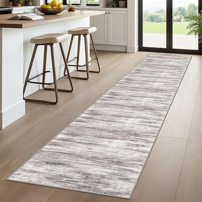 KOZYFLY Modern Abstract Kitchen Runner Rug, 2x10 Washable Rug Runner Non-Slip Soft Striped Hallway Runner Rugs, Grey Beige Print Carpet Runner for Entryway Bathroom Laundry Room Foyer