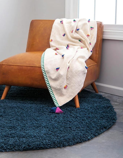 Unique Loom Solid Shag Collection Area Rug (7' 1" Round, Sapphire Blue/ Navy Blue)