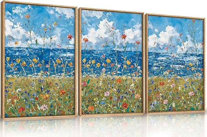 Large Modern Coastal Wildflower Framed Canvas Wall Art,Vintage Seaside Wall Decor,Abstract Flower Blue Wall Print,Nature Colorful Landscape Artwork for Living Room,Bedroom,Dining Room-16"x24"x3