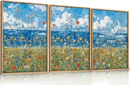 Large Modern Coastal Wildflower Framed Canvas Wall Art,Vintage Seaside Wall Decor,Abstract Flower Blue Wall Print,Nature Colorful Landscape Artwork for Living Room,Bedroom,Dining Room-16"x24"x3