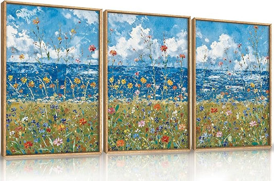Large Modern Coastal Wildflower Framed Canvas Wall Art,Vintage Seaside Wall Decor,Abstract Flower Blue Wall Print,Nature Colorful Landscape Artwork for Living Room,Bedroom,Dining Room-16"x24"x3