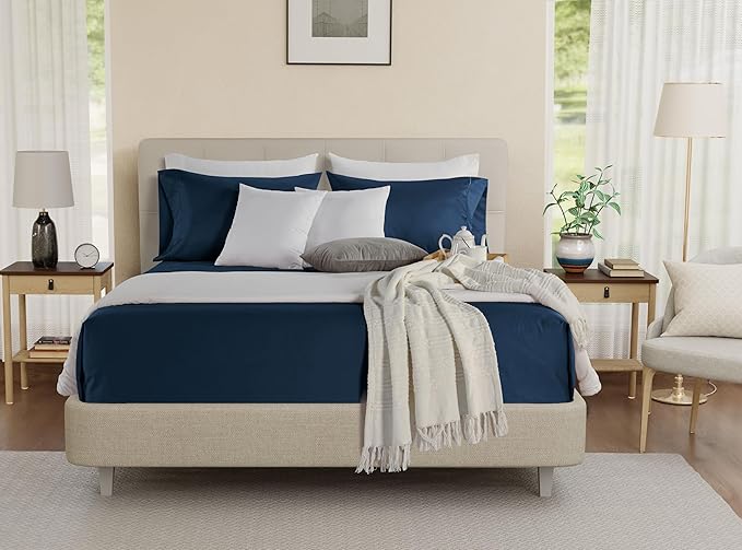 100% Egyptian Cotton Sheets Queen Size Set, 800 TC Deep Pocket Queen Sheets Set, Soft Breathable Sateen Weave 4 PC Elasticated Sheet & Pillowcase Sets, No Pill & Shrink, Fade Resistant- Dark Denim