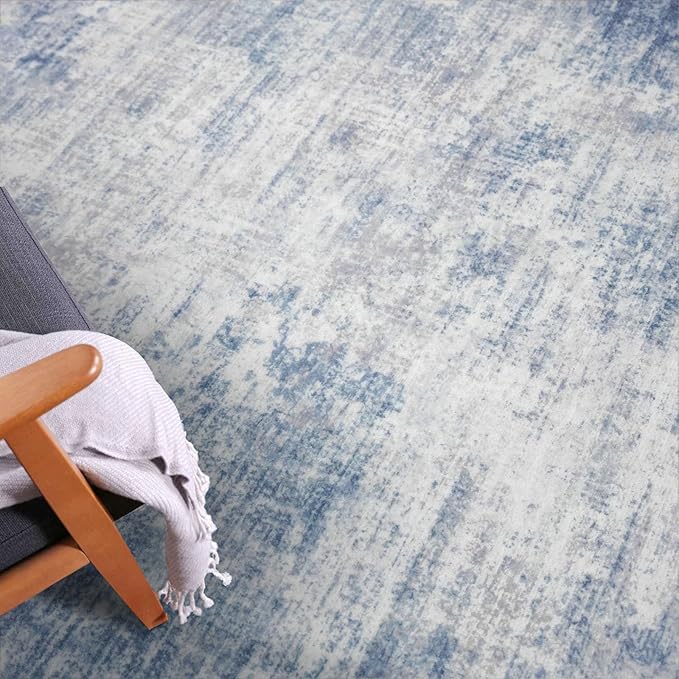 IOHOUZE Abstract Area Rug 4x6 Ft Washable Rugs for Entryway Indoor, Non Slip Small Living Room Rugs Printed Faux Wool Throw Rug, Floor Carpet for Kitchen Nursery Playroom, Light Blue White