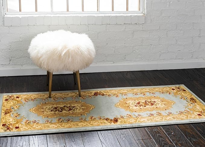 Rugs.com Chateau Collection Rug – 2' x 5' 3 Runner Light Blue Medium Rug Perfect for Hallways, Entryways