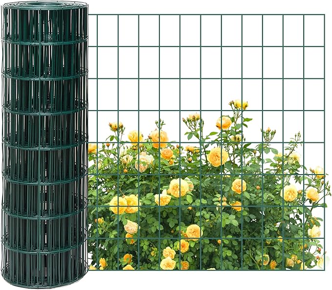 Green Metal Garden Fence, 60inch(H) x 100ft(L), 2 inch x 4 inch,12.5GA 2/3/4/5/6 Ft Tall Chicken Wire PVC Coated Welded Wire Mesh Roll for Dogs Border Yard Vegetable Plant Protection Poultry Netting