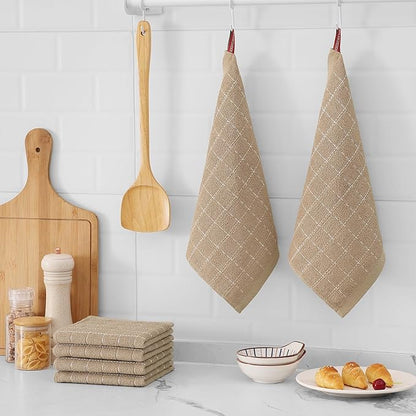 Mordimy 100% Cotton Terry Cloth Dish Cloths, Soft and Absorbent Checkered Dish Towels, Quick Drying Dish Rags for Washing Dishes, 6 Pack, 12 x 12 Inches, Tan