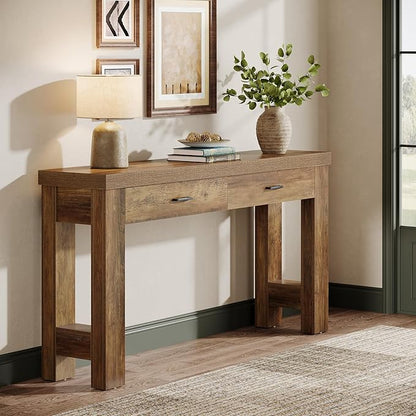 Tribesigns 63" Console Table with 2 Drawers, Farmhouse Entryway Table with H-Shaped Sturdy Legs for Hallway, Living Room, Brown