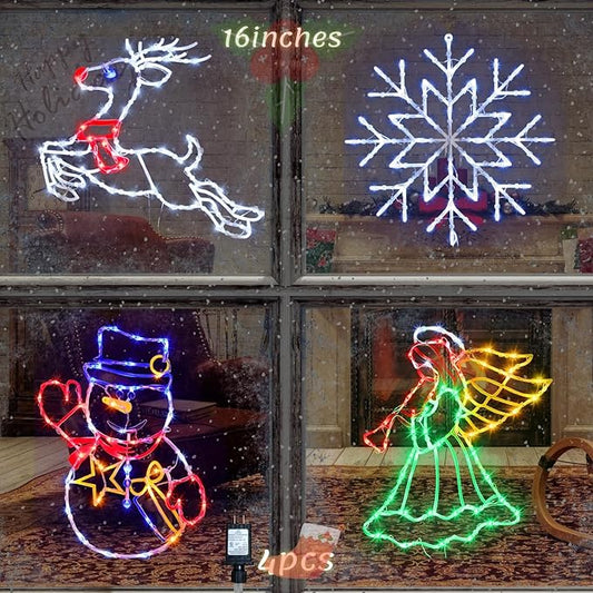 16" Christmas Window Silhouette Lights Decorations - 4 Pack Colour Lighted Angel ＆ Reindeer ＆ Snowflake ＆ Snowman for Holiday Wall Door Window Decorate