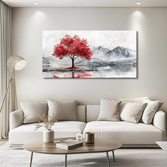 QIYILEXWART Canvas Wall Art For Living Room Wall Decor For Bedroom Office Wall Decoration Red Tree Landscape Painting Farmhouse Pictures Artwork Room Aesthetic Home Decor 20x40 In