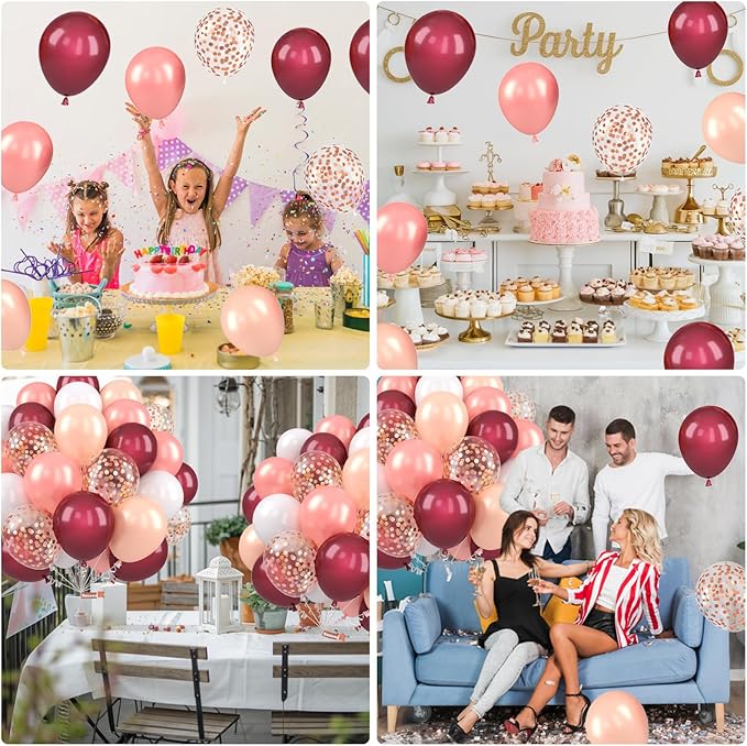Burgundy Balloons, 12 Inch Maroon Balloons, Wine Red White Pearl Metallic Rose Gold Confetti Balloons Latex Balloons for Wedding Anniversary Engagement Romantic Dinner Fall Party Decorations