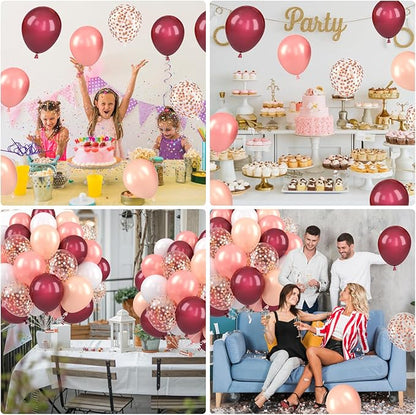 Burgundy Balloons, 12 Inch Maroon Balloons, Wine Red White Pearl Metallic Rose Gold Confetti Balloons Latex Balloons for Wedding Anniversary Engagement Romantic Dinner Fall Party Decorations