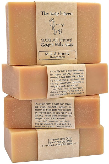 4 Goat Milk Soap Bars with Honey - Handmade in USA. All Natural Soap, Unscented, Fragrance Free, Fresh Goats Milk. Wonderful for Sensitive Skin and Babies. SLS, Paraben, GMO-Free