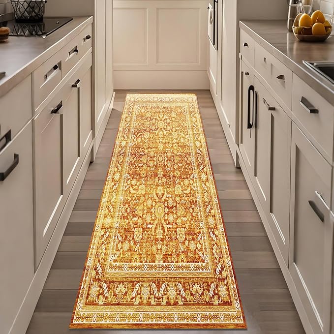 OPPODREAM Thin Vintage Orange 2x8 Runner Rug, 2 x 8 Retro Washable Rug Non Slip, Low-Pile Faux Wool Carpet, Distressed Floor Mat for Kitchen, Hallway, Entry-Way, Entrance, Indoor Back Door