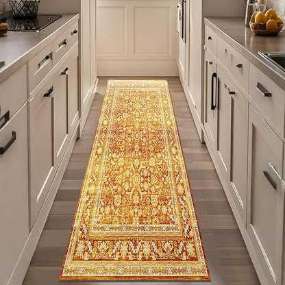 OPPODREAM Thin Vintage Orange 2x8 Runner Rug, 2 x 8 Retro Washable Rug Non Slip, Low-Pile Faux Wool Carpet, Distressed Floor Mat for Kitchen, Hallway, Entry-Way, Entrance, Indoor Back Door