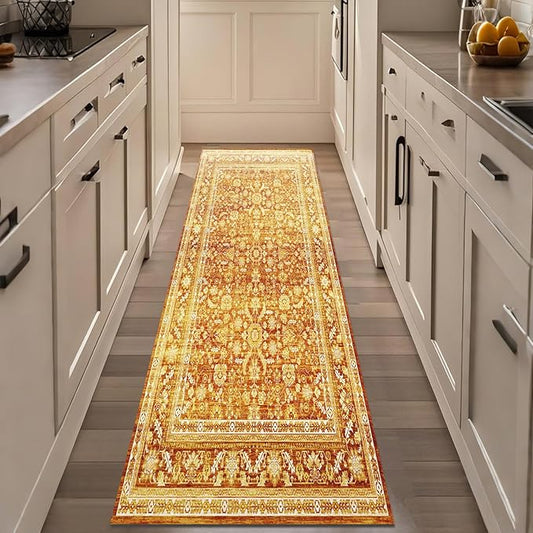 OPPODREAM Thin Vintage Orange 2x8 Runner Rug, 2 x 8 Retro Washable Rug Non Slip, Low-Pile Faux Wool Carpet, Distressed Floor Mat for Kitchen, Hallway, Entry-Way, Entrance, Indoor Back Door