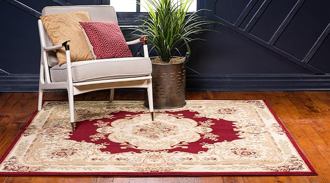 Rugs.com Chateau Collection Rug – 4 Ft Square Red Medium-Pile Rug Perfect for Living Rooms, Kitchens, Entryways