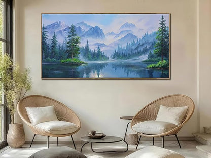 Ardemy Lake Canvas Wall Art for Living Room Large Framed Teal Landscape Pictures Bedroom Wall Decor Textured Misty Forest Scenery Paintings Artwork for Walls Home Office, 58"x29"