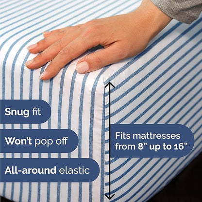 Twin Size 3 Piece Sheet Set - Comfy Breathable & Cooling Bed Sheets Set - Hotel Luxury Bedding for Women, Men, Kids, Teens, Boys & Girls - Deep Pockets, Soft, Wrinkle Free - Oeko-Tex - Blue Stripes 2