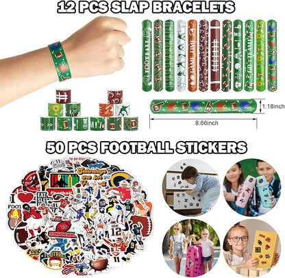 122 Pcs Football Party Favors Drawstring Bags Football Goodie Bag with Mini Ball, Wristband, Slap bracelets, Keychains, Stickers,Tattoo Stickers for Football Themed Party Supplies