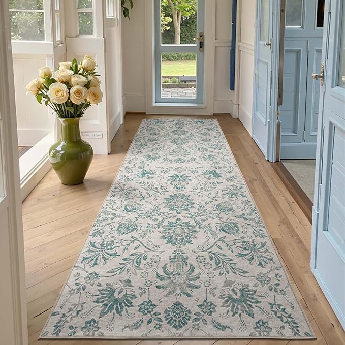 jinchan Runner Rugs 3x10 Vintage-Inspired Floral Design Machine Washable Non-Slip Ultra-Thin Low-Pile Rubber Backing Traditional Rug for Kitchen Hallway Laundry Room Entryway Turquoise