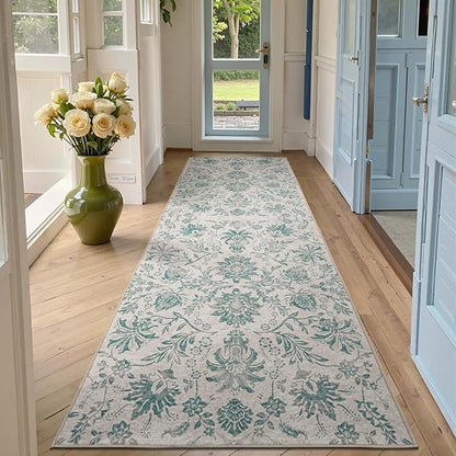 jinchan Runner Rugs 3x8 Vintage-Inspired Floral Design Machine Washable Non-Slip Ultra-Thin Low Pile Rubber Backing Traditional Rug for Kitchen Hallway Laundry Room Entryway