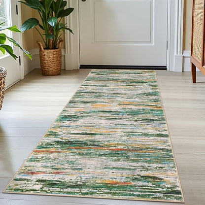 2x5 Modern Abstract Runner Rug for Hallway, Green Teal Orange Multi Super Soft Hallway Decor Kitchen Rugs with Non-Slip, Non-Shedding Washable Rug for Hallways Entryway Bedroom Laundry Indoor