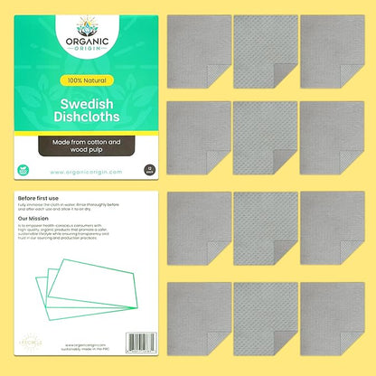 Swedish Dishcloths 12 Pack – Reusable Paper Towels, Cellulose Sponge Cloths, Washable & Super Absorbent Kitchen Dish Cloths, Biodegradable Compostable Paper Towel Alternative – Organic Origin