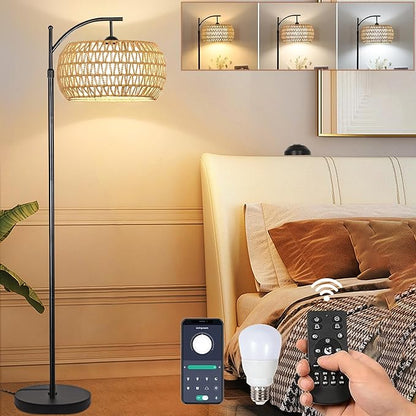 Arc Rattan Floor Lamp for Living Room with 3 Color Temperatures,Farmhouse Floor Lamps with Remote & Dimmable Bulb,Boho Standing Lamp with Wicker Shades,Adjustable Tall Lamp for Bedroom Office Reading