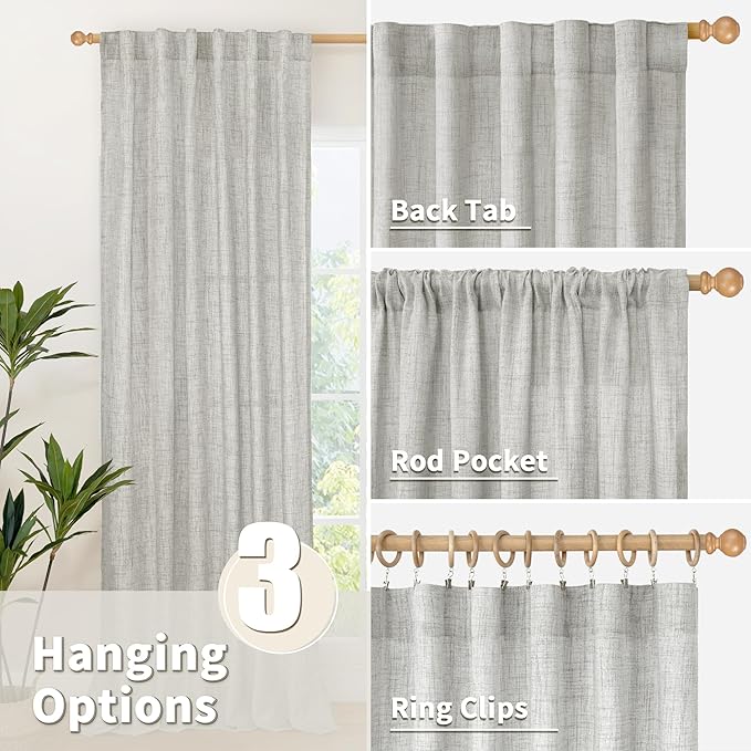 YoungsTex Light Grey Linen Semi Sheer Curtains 84 Inch Length for Living Room 2 Panels Set, Light Filtering Window Treatments Rod Pocket Back Tab for Bedroom Dining Farmhouse, 52 X 84 Inch