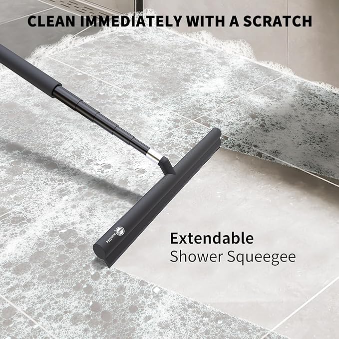 Shower Squeegee with Hook, Stainless Steel Core Glass Wiper, Silicone Rubber Household Squeegees for Shower Glass Doors, Telescoping Handled 12 in Squeegee,Black