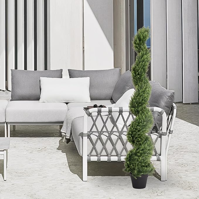 THE BLOOM TIMES 5ft Artificial Topiary Trees Set of 2, Faux Cedar Cypress Spiral Topiary Trees Outdoor - Fake Plants for Garden Front Porch Indoor Outside Planter Christmas Decor 5 Foot