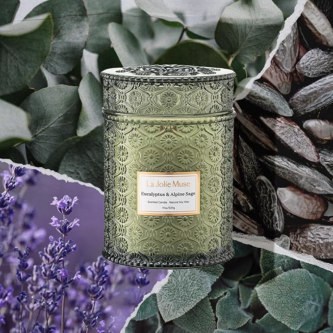 LA JOLIE MUSE Scented Candles Eucalyptus & Alpine Sage, 19 oz Large Wood Wicked Candle, Decorative Candles in Glass, Natural Soy Wax, 90 Hours Long Burning