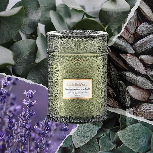 LA JOLIE MUSE Scented Candles Eucalyptus & Alpine Sage, 19 oz Large Wood Wicked Candle, Decorative Candles in Glass, Natural Soy Wax, 90 Hours Long Burning