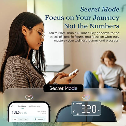 Etekcity Smart Rechargeable Scale for Body Weight, BMI, Fat, Muscle Mass, Digital Bathroom Scale with 13 Metrics, Secret Mode, Bluetooth Connect to Free Apps, Stealth Black