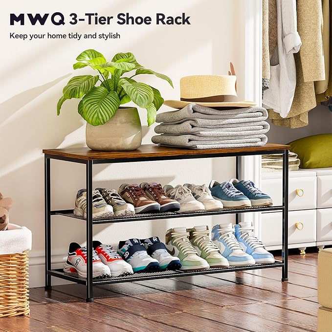30 Inch Shoe Rack for Closet, 3 Tier Shoe Organizer Storage Bench with Wood Seat & Mesh Shelves, Leveling Feet for Entryway, Rustic Brown