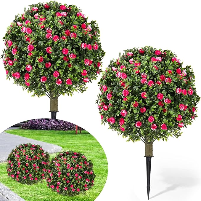 24 Artificial Topiary Ball Tree with Flower Set of 2,Outdoor Fake Topiary with Ground Spike,UV Resistant Faux Artificial Plant Bushes for Indoor Outdoor Front Porch Garden Decor (Pink & White)