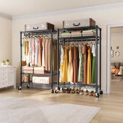 Heavy Duty Clothes Rack Rolling Garment Rack,3 Tier Adjustable Wire Shelving Clothing Racks for Hanging Clothes with Hanger Rod&Side Hooks,Freestanding Wardrobe Storage Rack Metal Portable Closet