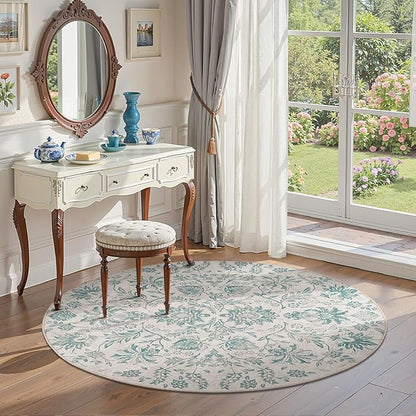 jinchan Classic Floral Round Rug 5ft Vintage-Inspired Design 5’Circle Rug Machine Washable Ultra-Thin Low-Pile Non-Slip Indoor Carpet for Bedroom Dining Room Living Room Entryway