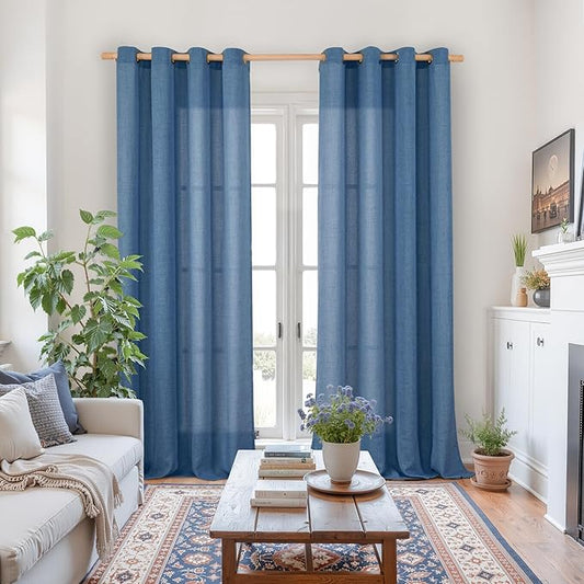YoungsTex Navy Blue Linen Curtains 95 Inch Length for Living Room, Light Filtering Semi Sheer Drapes with Bronze Grommet Privacy for Bedroom Decorative, 52 x 95 Inch, 2 Panels