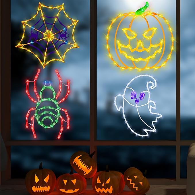 Halloween Decorations - 16" Halloween Window Silhouette Lights - 4 Pack Colour Lighted Spider & Ghost & Pumpkin & Spider Web for Holiday Indoor and Outdoor Wall Door Window Decorate